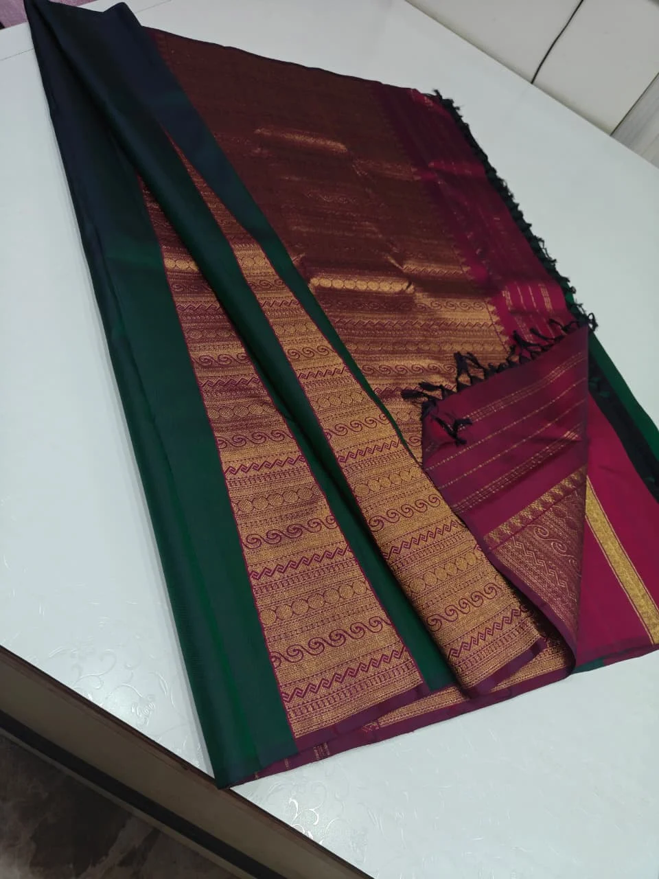 Magenta Pink & Bottle Green Kanjivaram Saree